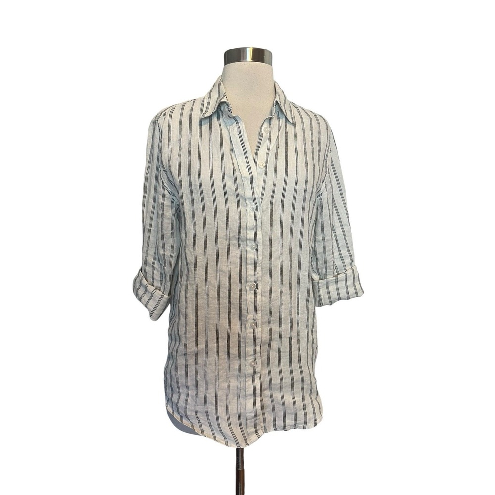 Quince 100% European Linen Long Sleeve Shirt S Oatmeal Black Stripe Top